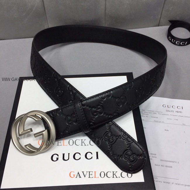 Gucci Classic Monogram Belt Original Leather Silver Buckle